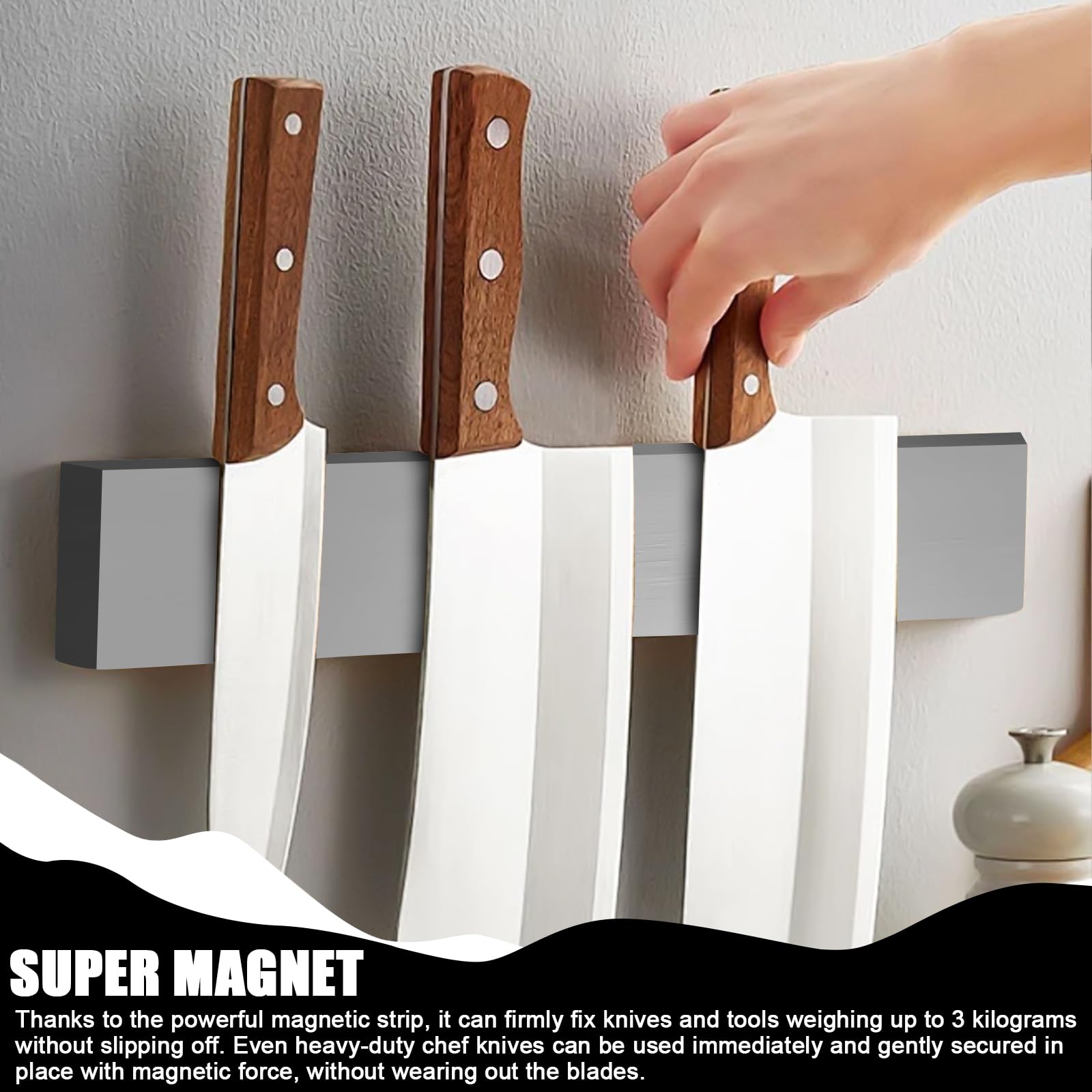 Barra magnetica con 3 ganci e tappetino antiscivolo, supporto magnetico in acciaio inox, per utensili da cucina o utensili, 40 cm