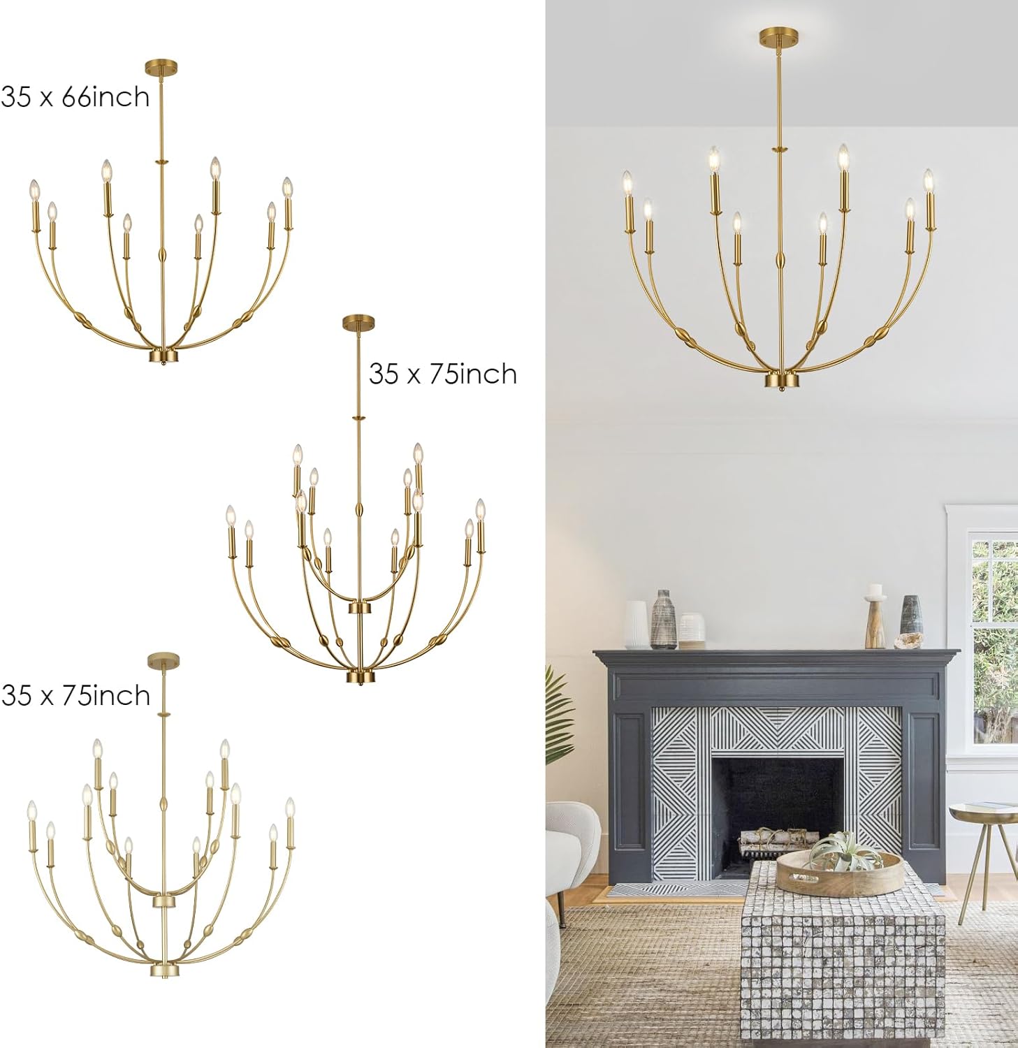 8-Light Candle Chandeliers, 35 Inch Brushed Gold Dining Room Light Fixture, Modern High Ceiling Chandeliers for Living Room, Entryway, Foyer