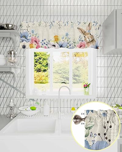 Miniatura 6 de Cenefa de Pascua para ventanas, cortinas florales de conejo, cenefas divertidas con bolsillo para barra, cortinas cortas de primavera para cocina,