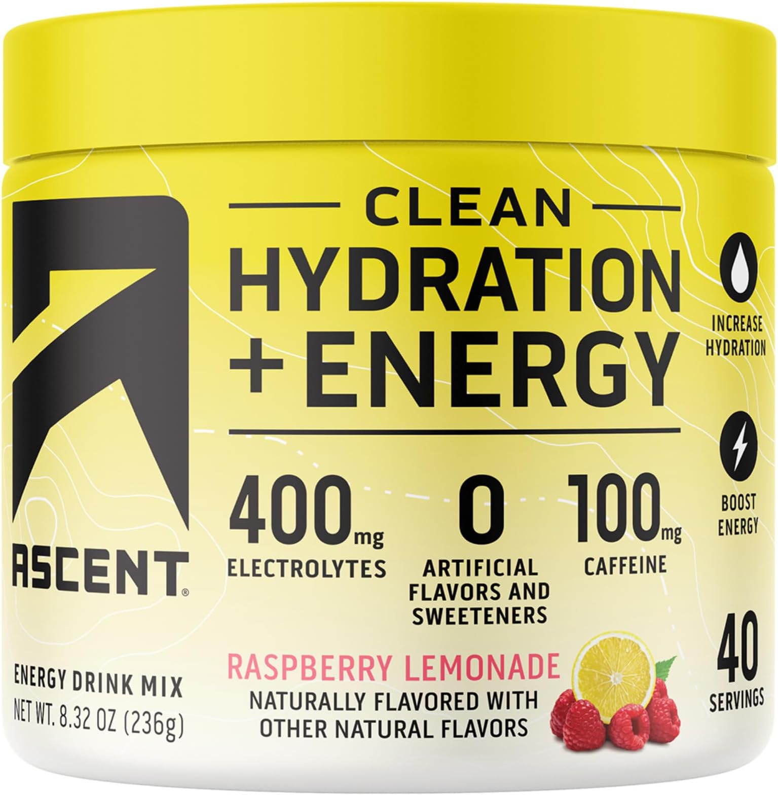 Clean Hydration + Energy Electrolytes Powder - 100mg Caffeine, 400mg Electrolytes, No Artificial Ingredients, Raspberry Lemonade 40 Servings