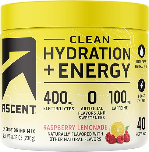 Ascent Clean Hydration + Energy Electrolytes Powder - 100 mg de cafeína, 400 mg de electrolitos, sin ingredientes artificiales, limonada de