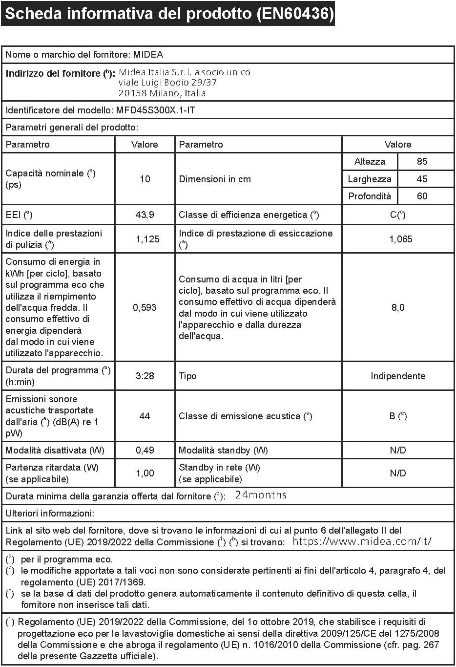 Midea lavastoviglie 45 cm libera installazione MFD45S300X.1-IT con 10 coperti, avvio ritardato, 9 programmi [Classe di efficienza energetica C]