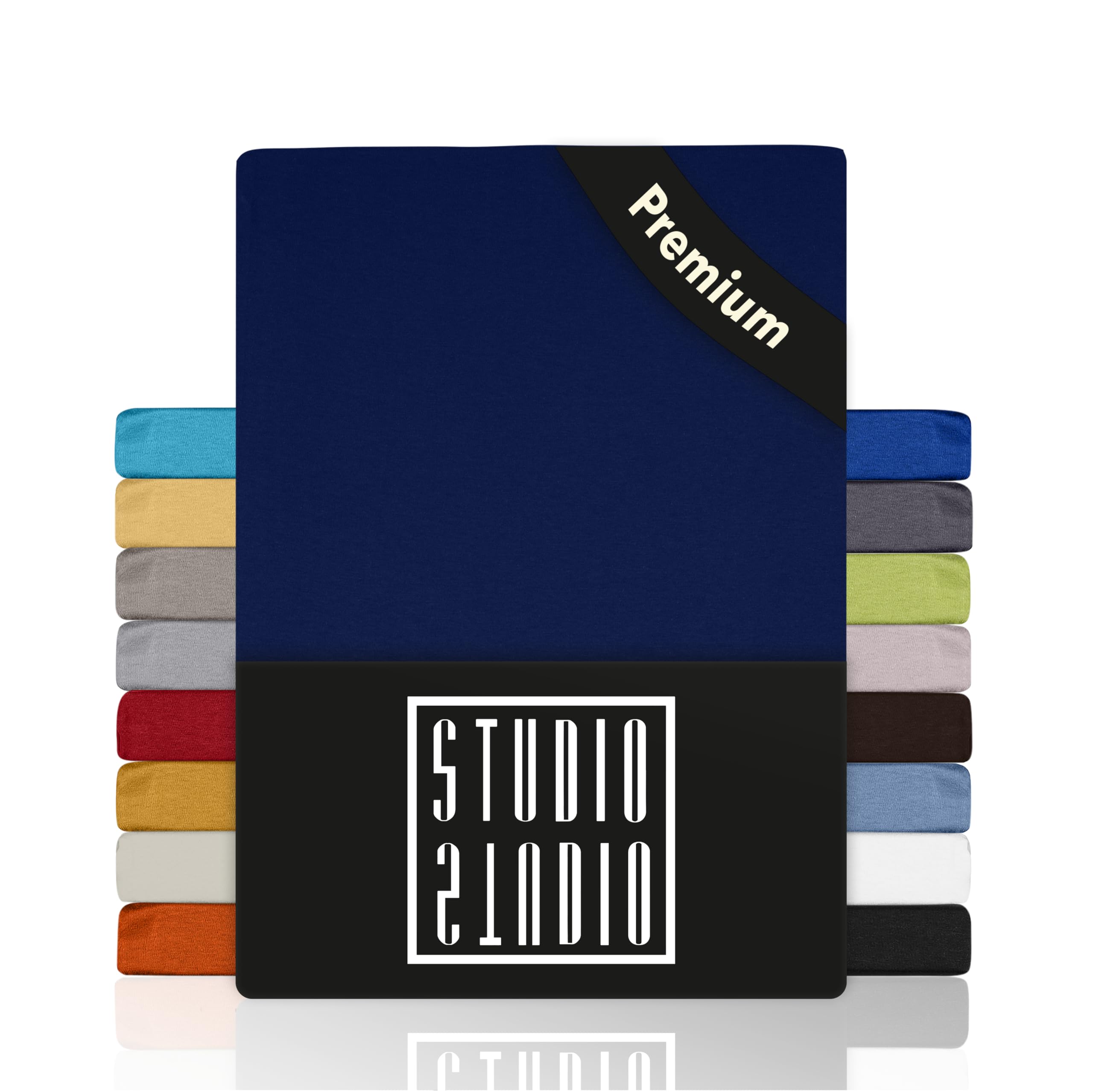 STUDIO Premium Spannbettlaken 120x200cm, 120x220cm, 130x200cm & 130x220cm – Jersey-Spannbetttuch aus 97 % Baumwolle & 3 % Elastan – Marine – Öko-Tex Zertifiziert, bügelfrei – für Matratzen 15–35cm