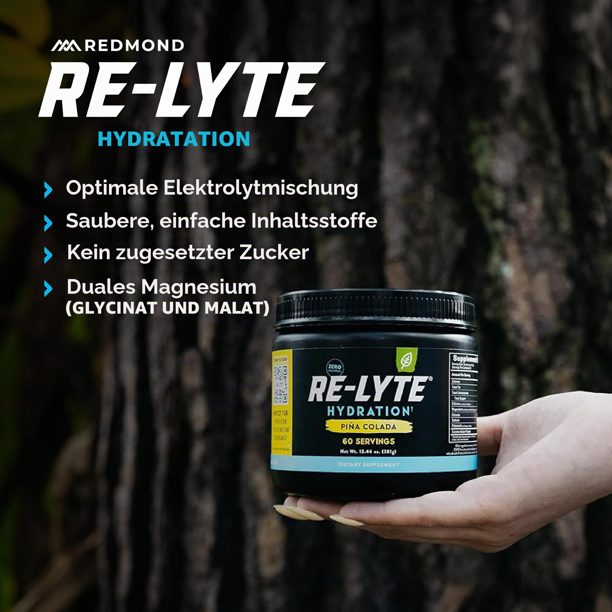 REDMOND Re-Lyte HYDRATION Drink Mix PINA COLADA, 381g Dose - Elektrolytepulver, zuckerfrei, mit echtem Real Salt, Elektrolyte, über 60 wichtige Mineralstoffe & Spurenelemente | Hydraion Pulver