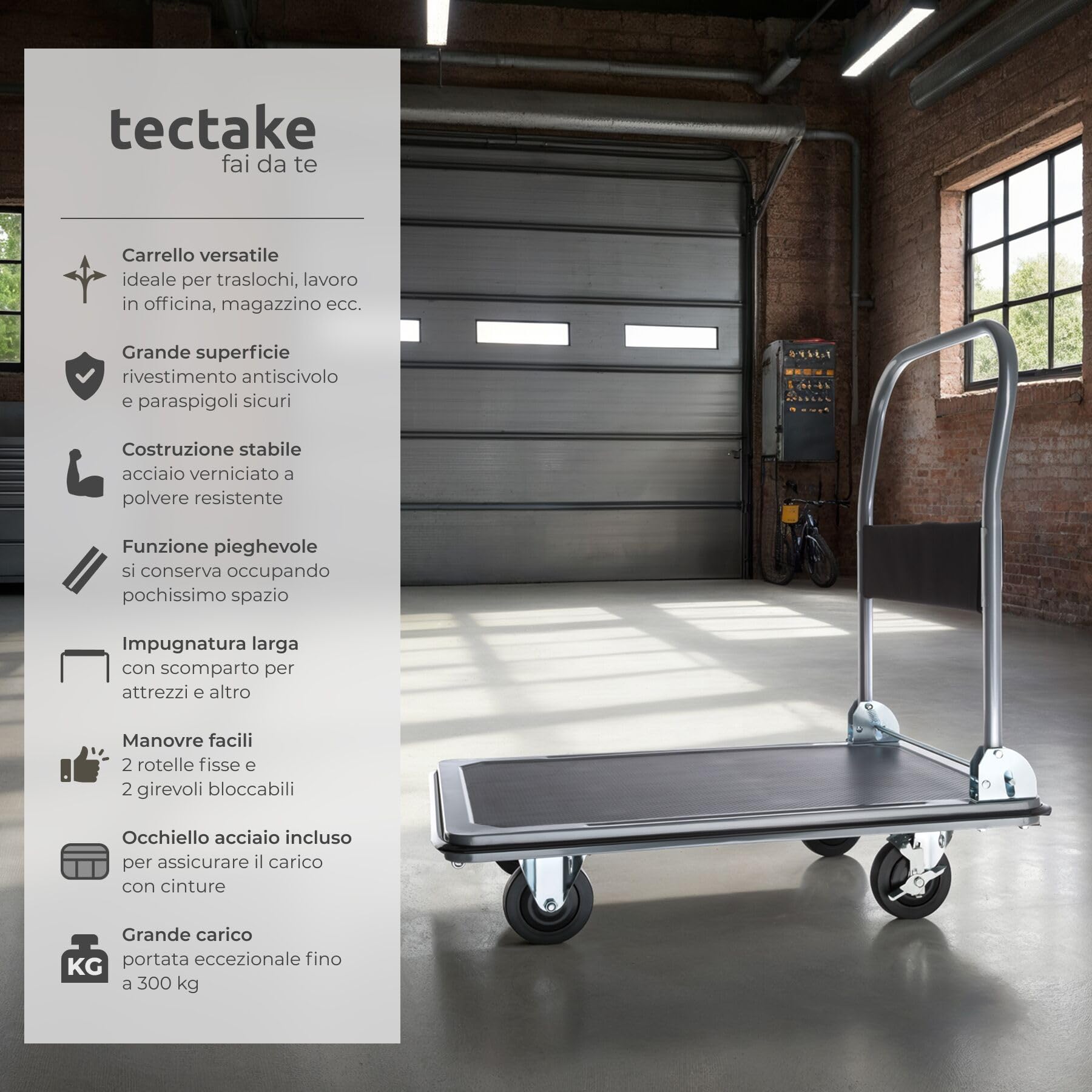 tectake® Carrello con ruote portatutto 73x47x83 cm Carrello Portapacchi Pieghevole Acciaio con Pianale Portapacchi, Carico Max 300kg, Maniglia, 2 Ruote Fisse 2 Ruote Girevoli, Ideale Magazzino - Nero