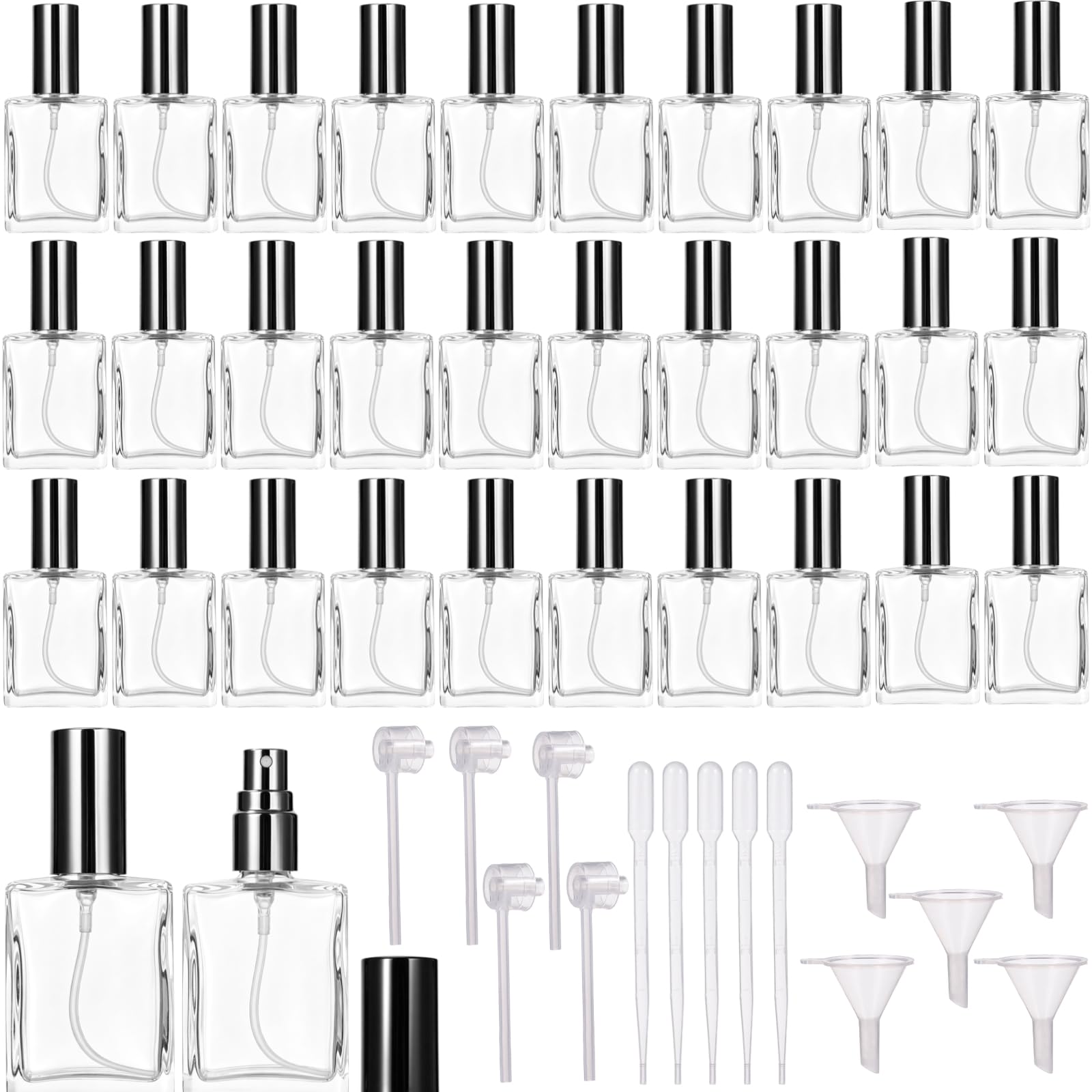 32 Stk. Glas-Parfüm-Sprühflaschen mit 15 Nachfüllwerkzeugen, 15 ml wiederbefüllbare Mini-Parfüm-Sprühflaschen, feiner Sprühnebel für Reisen, Glasbehälter für Kosmetik und ätherisches Öl
