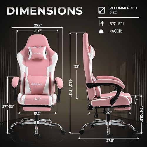 Miniatura 2 de Silla de juegos rosa con reposapiés y soporte lumbar de masaje, silla ergonómica reclinable para computadora de 330 libras con altura ajustable y