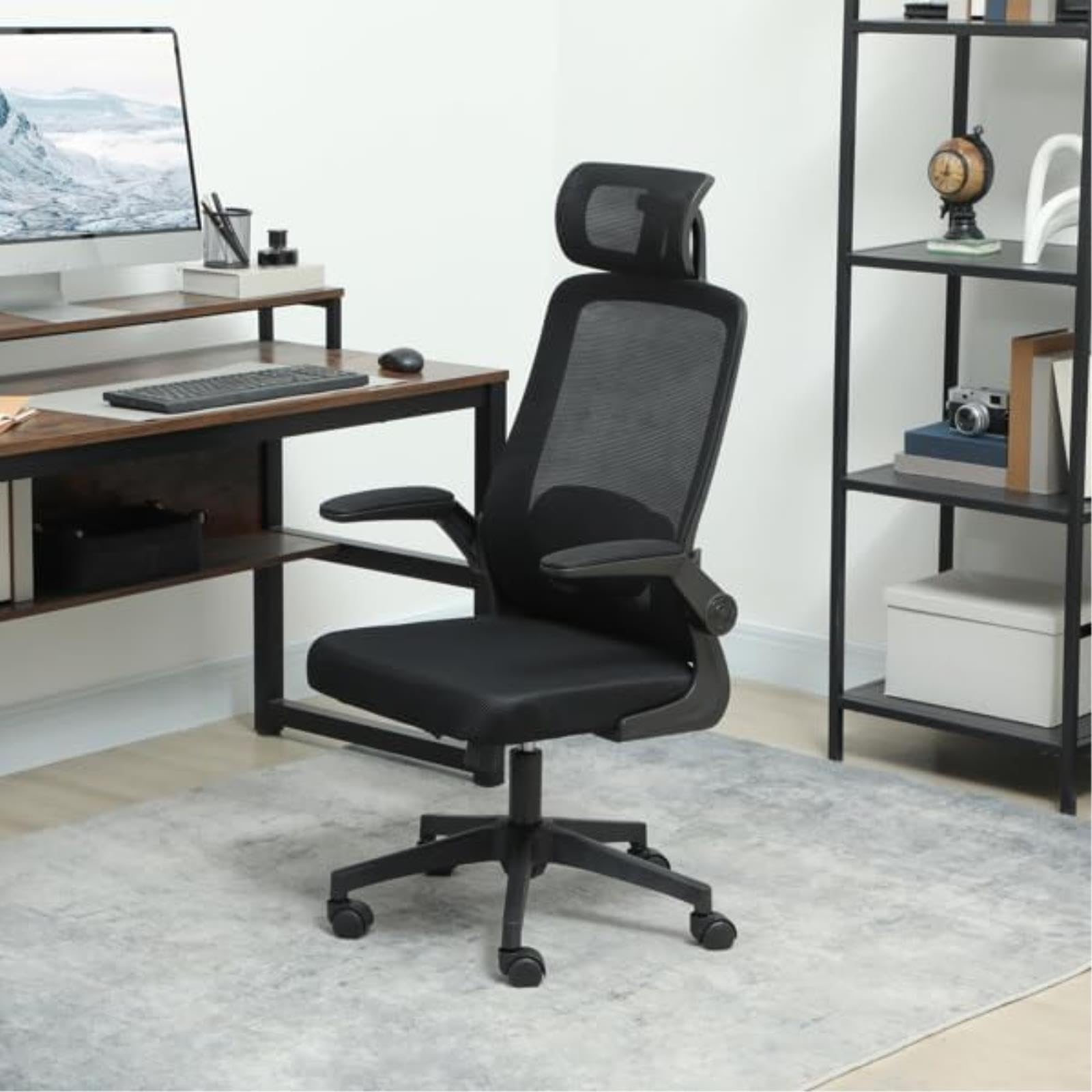 IvyLoutish Ergonomic Office Chair with Adjustable Headrest & Lumbar Support, Mesh Desk Chair with Flip-Up Armrests, Swivel Computer Chair