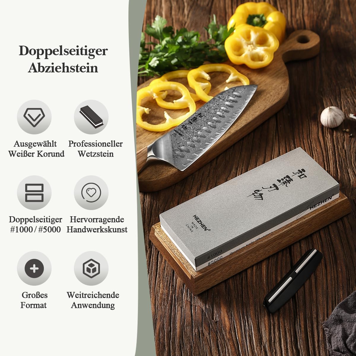 HEZHEN Doppelseitiger Abziehstein, Groß Weißkorund Schleifstein Wetzstein, Professionell Messerschärfer, Körnung1000/5000 mit Rutschfestem Akazienholz Basis, Abflachungsstein,Winkelführung