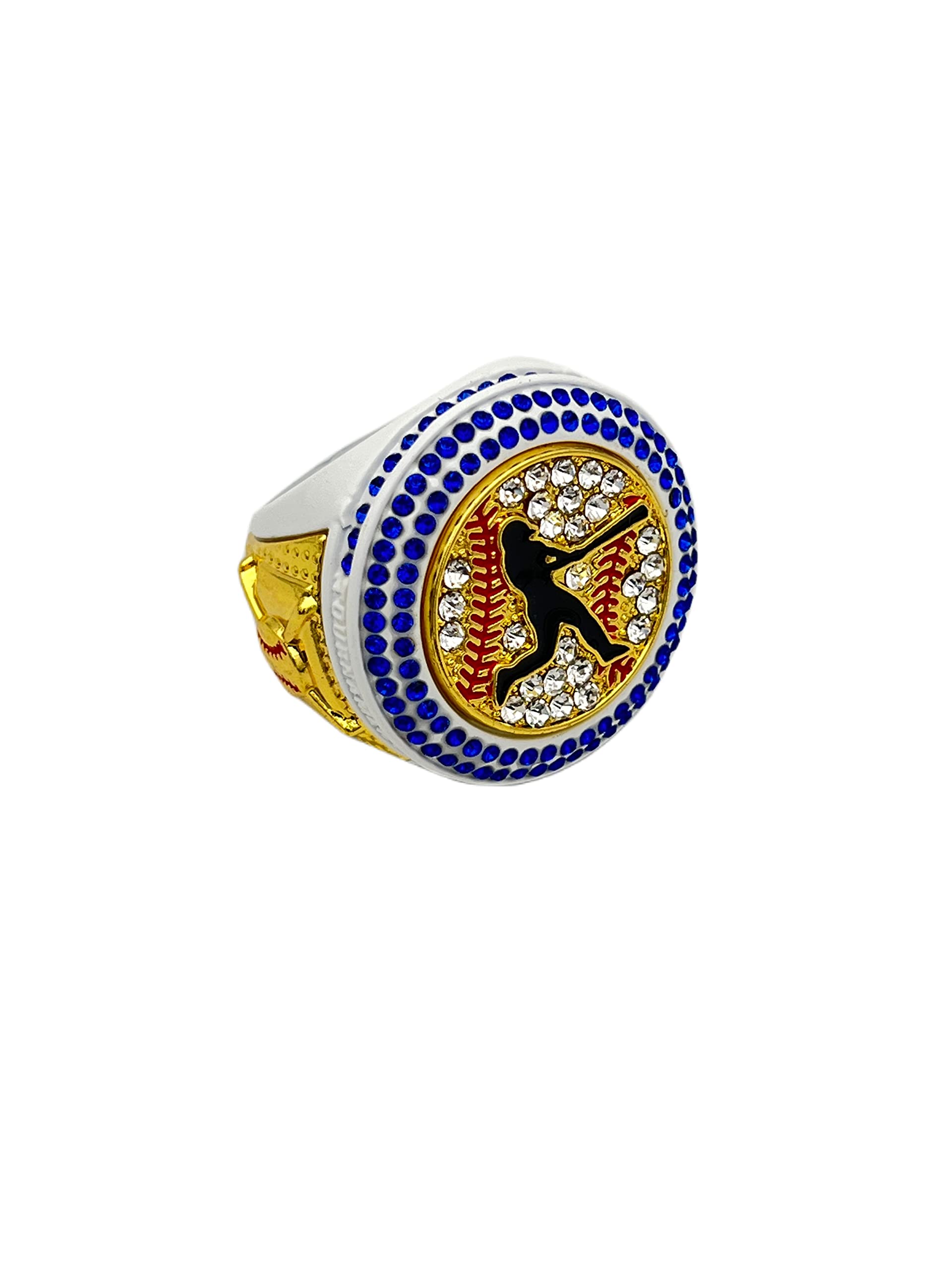 Discount Sports Rings Deluxe Batter Ring, WHITE CHAMPION BLUE STONES, Premium Softball Baseball Tournament Rings 28-07