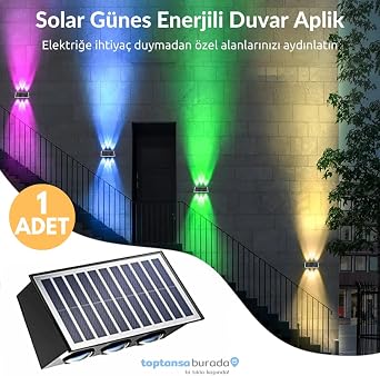 TechnoSmart 1Adet G ne  Enerjili  ift Tarafl  6 Ledli Aplik RGB I k Duvar Lambas  Bah e Ayd nlatma