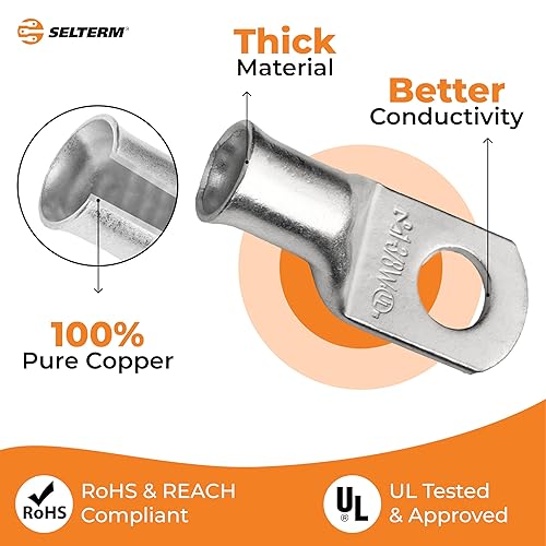 Miniatura 217 de SELTERM - Terminal en anillo de grado marino UL 2/0 AWG 3/8 pulgadas (25 uds) para batería, terminal tubular de cable eléctrico, conector calibre