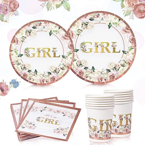 OurWarm Platos de ducha y servilletas para niña decoraciones de baby shower para niña 25 piezas de platos de papel floral de oro rosa rosa y