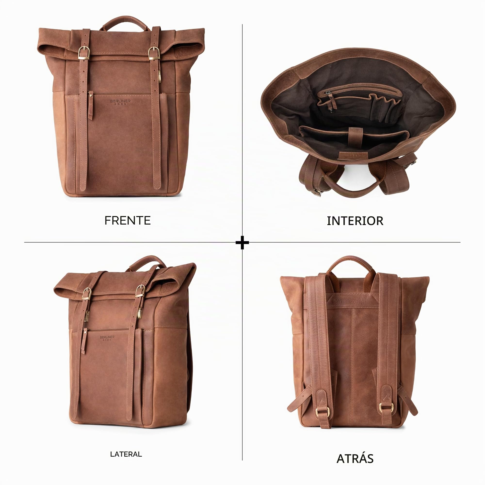 Berliner Bags Mochila de Piel Lille, Mochila Rolltop Impermeable con Compartimento para Portátil de 15”, para Hombre y Mujer - Marrón