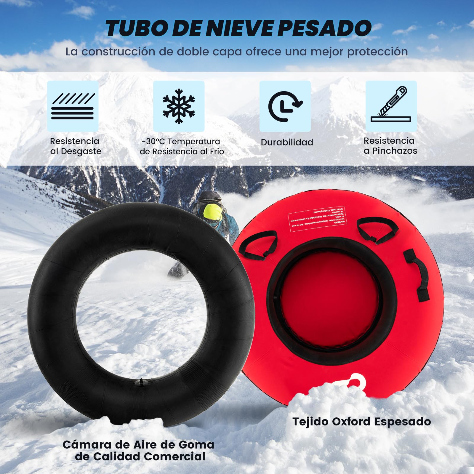 COSTWAY Trineo de Nieve Inflable φ100 cm, Tubo de Nieve para Niños y Adultos con Fondo Duro