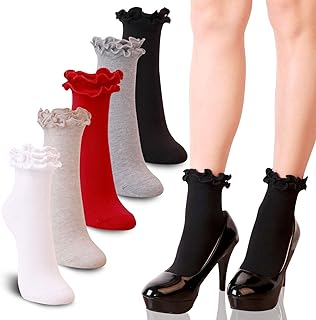 Women's Double Ruffle Frilly Ankle, Crew Socks Cotton Lettuce Lace Trim Big Girls (Pack of 3/5)