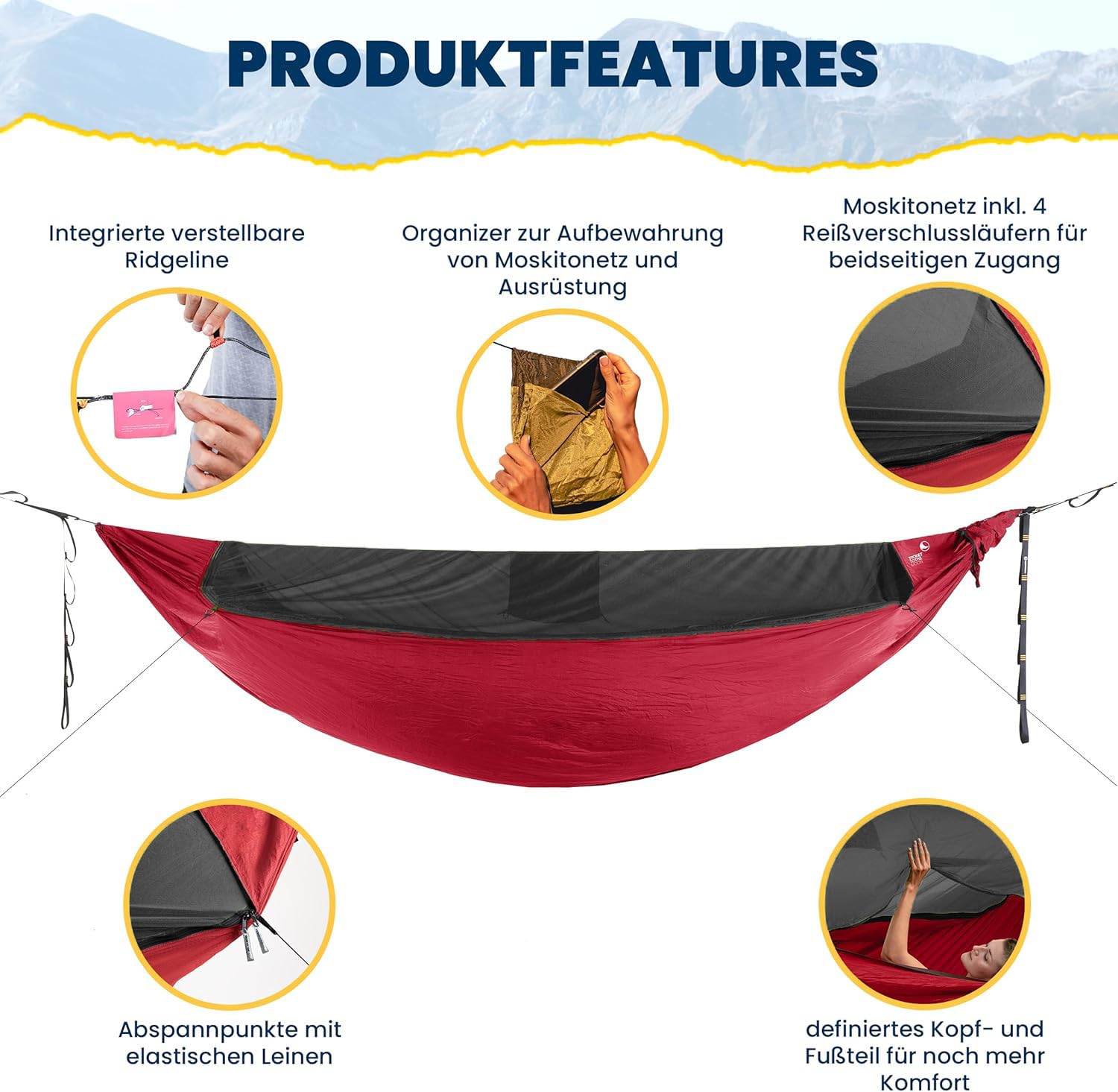 Fallschirmhängematte Pro - Bordeaux Rot | Hängematte Outdoor mit 325 x 170 cm mit integriertem Moskitonetz, Karabinern und Ridgeline für schnellen Aufbau | Original Ticket to the Moon seit 1996