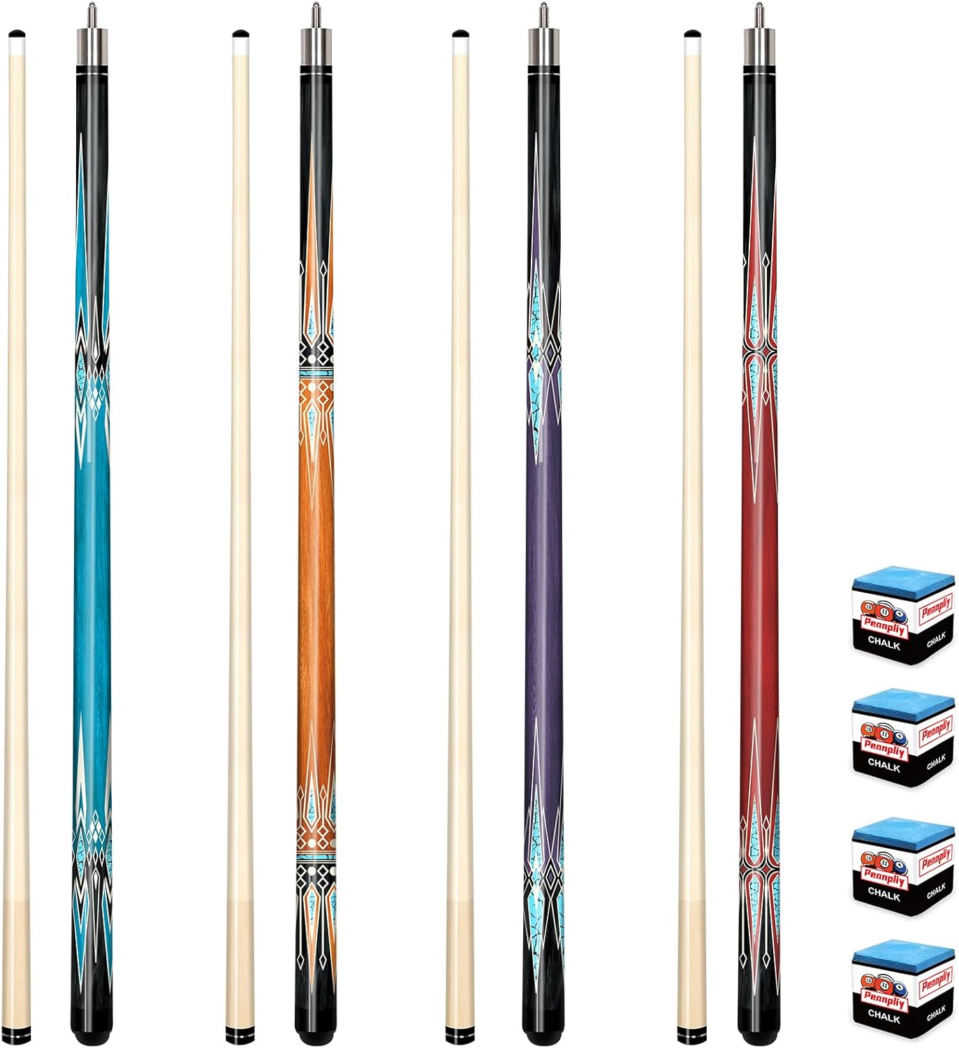 Pool Stick Set of 4, Pool Sticks for Adults with 4 Billiard Chalks, 58inch Billiard Cue Sticks with Maple Wood, Bar Billiard Cue for Professional Billiard Players - 18oz, 19oz, 20oz, 21oz