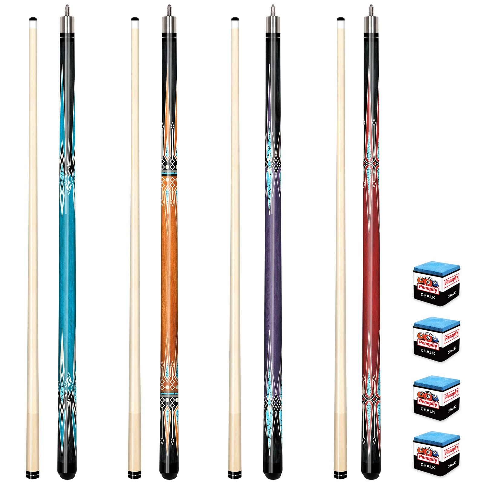 Pool Stick Set of 4, Pool Sticks for Adults with 4 Billiard Chalks, 58inch Billiard Cue Sticks with Maple Wood, Bar Billiard Cue for Professional Billiard Players - 18oz, 19oz, 20oz, 21oz