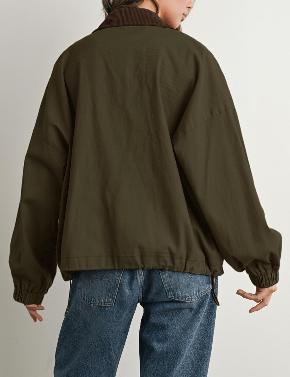 Women’s Barn Jacket Corduroy Collar Zipper Utility Jacket Cinchable Hem Workwear Jacket with Pockets - Image 6