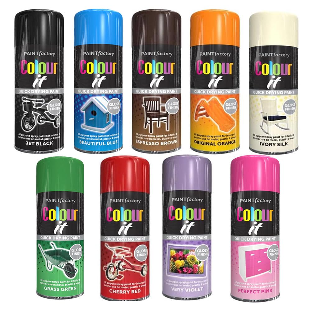 9 Mix Cans Gloss Finish All Purpose spray paint 400ml Multipurpose AerosoL, Quick and Fast Drying and Excellent Coverage for Metal, Wood, Plastic and More - A11