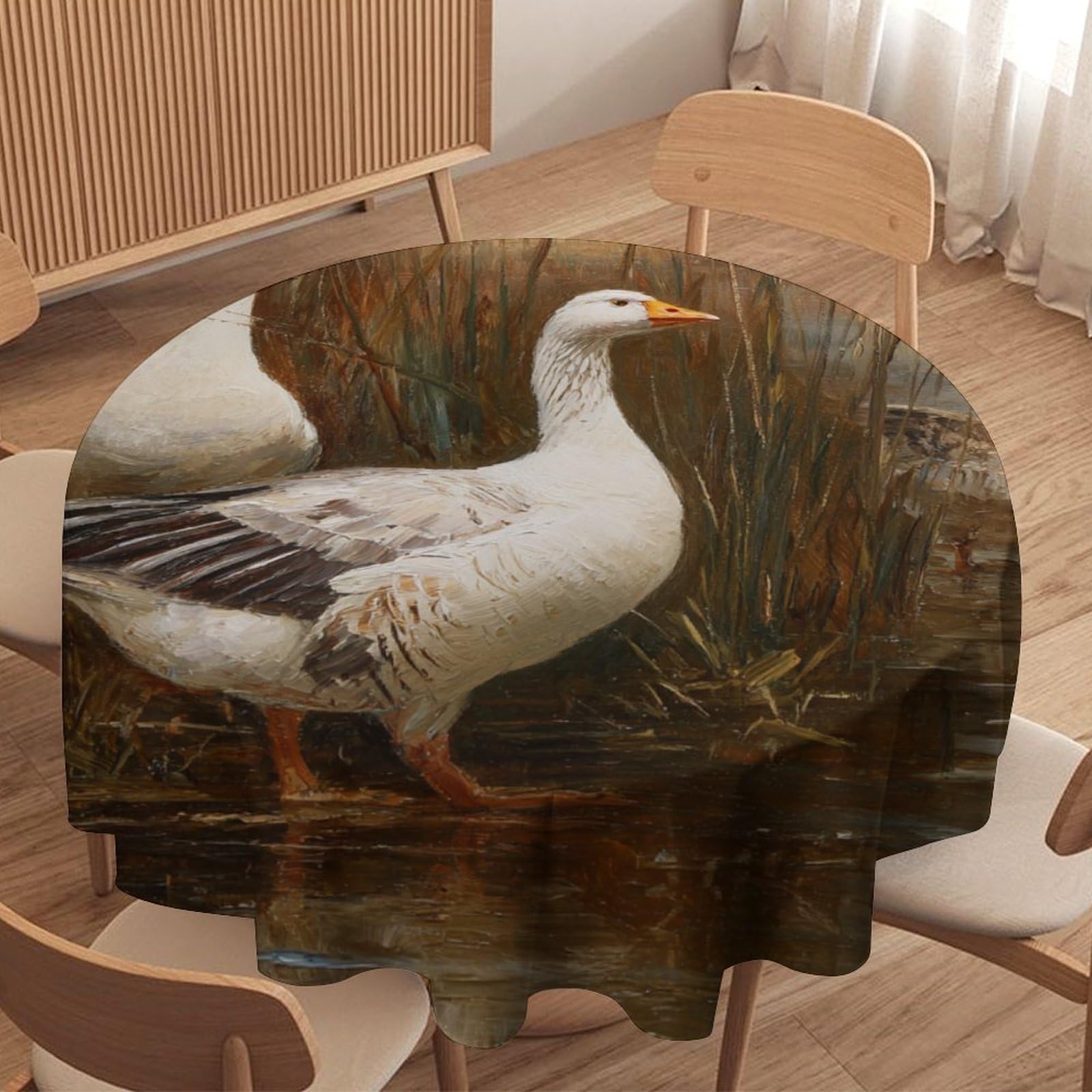 LUYYSKY Colorful Realistic Animal Geese Waterproof Round Tablecloth Retro Aesthetic Autumn Botanical Plant Reeds Print Washable Table Cover for Kitchen-127 Wx127 L cm