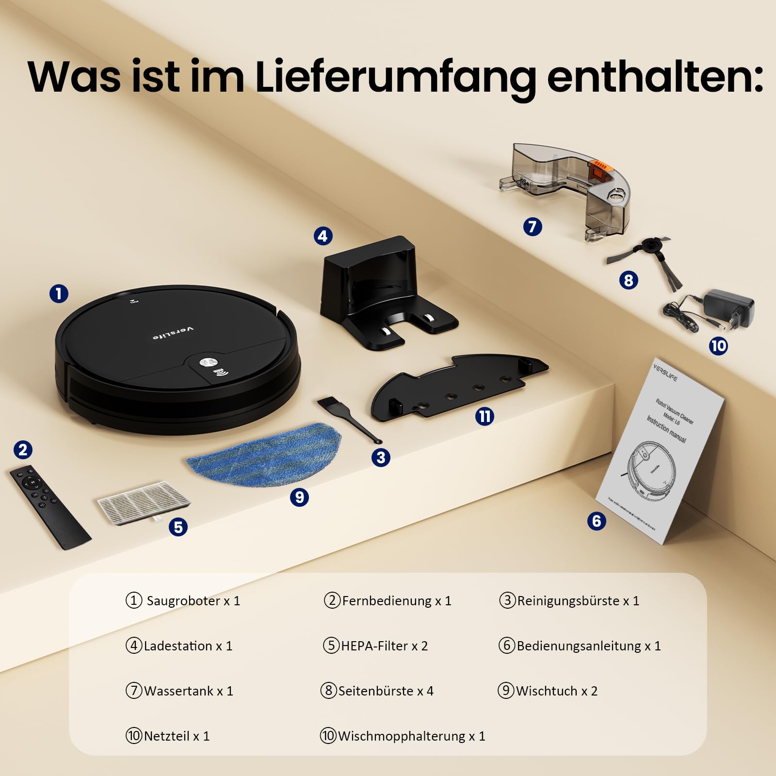 VersLife L6 Saugroboter mit Wischfunktion, 4000Pa Staubsauger Roboter | App Steuerung, Alexa, 120 Mins MAX, Ultraflaches Design, Saug und Wischroboter für Tierhaare, Teppiche und Hartboden