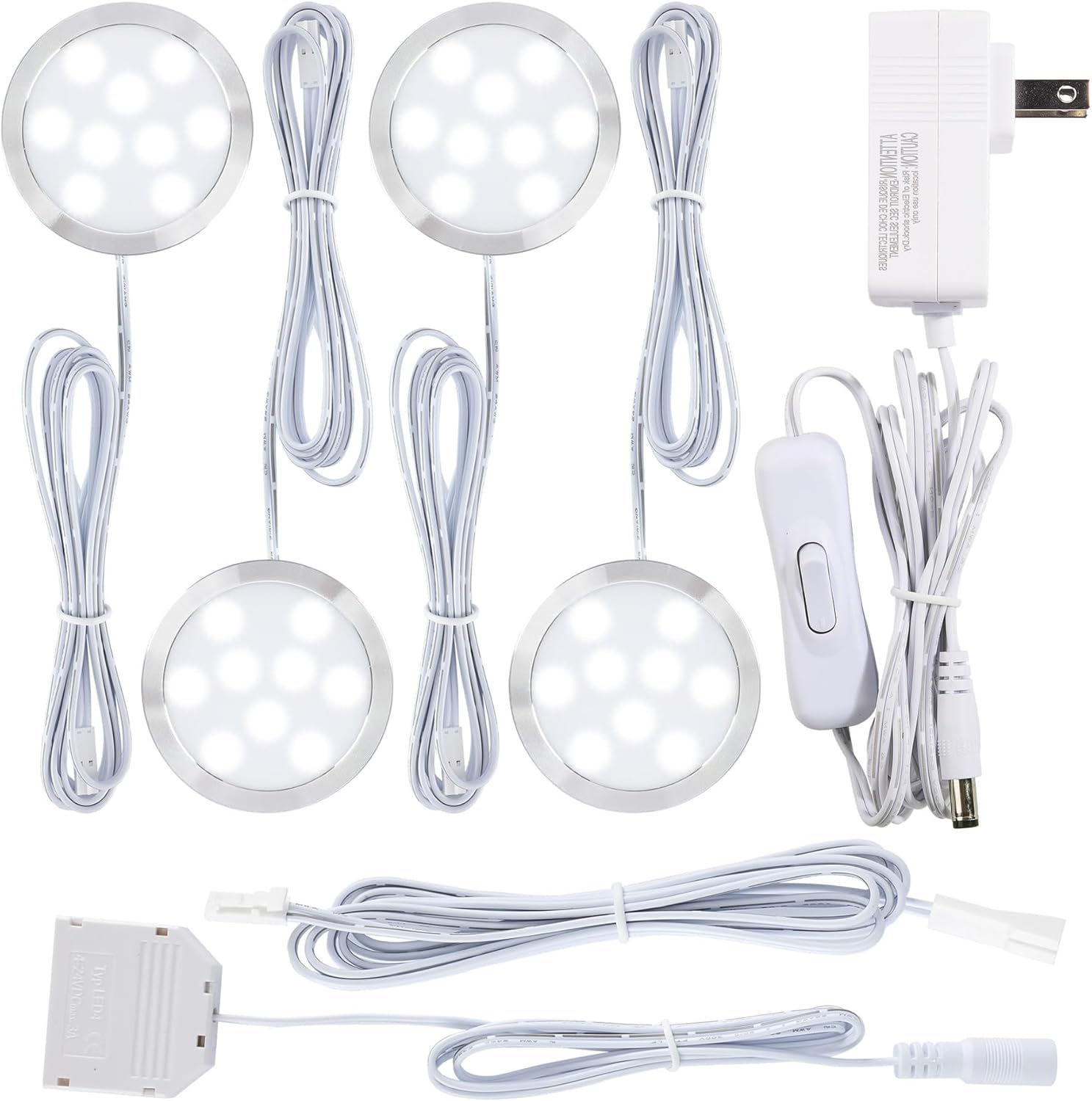 LED Closet Light Kit, Kitchen Under Cabinet Round Puck Lights, 110 Volt Wall Plugged in, 4-Way Parallel Octopus Connection, Inline On Off Switch, Cool White 6000K, 4 Lights