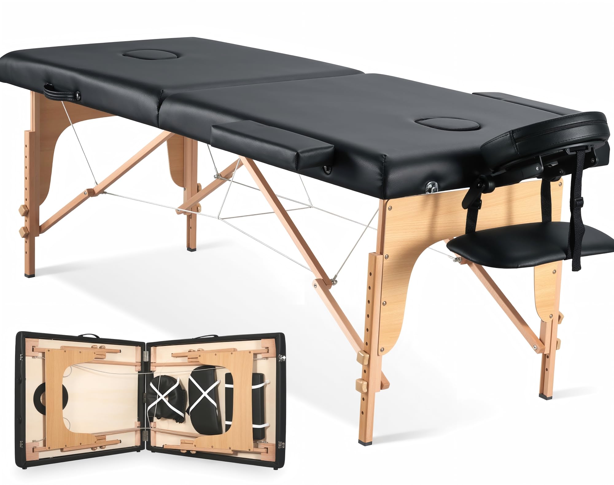 CHRUN Massage Table Portable Massage Bed Lash Spa Bed Tattoo Face Cradle Bed Height 35Inch Adjustable 2 Fold with Bag - Black