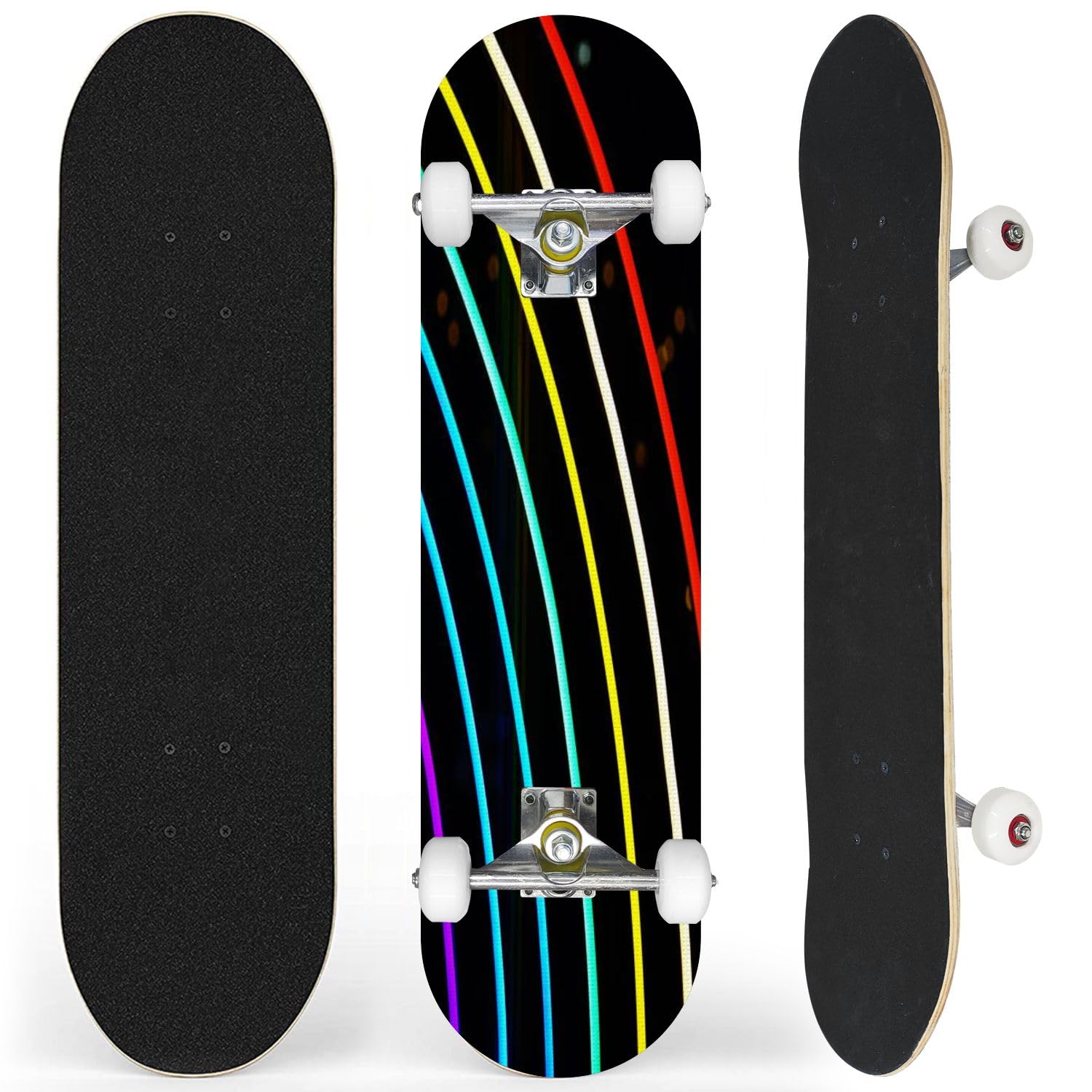 Complete Skateboard with Rainbow Lines Light Beginner Skateboard 7-Layer Maple Wood Double Kick Concave Skate Board for Kids, Adults, Teens 31