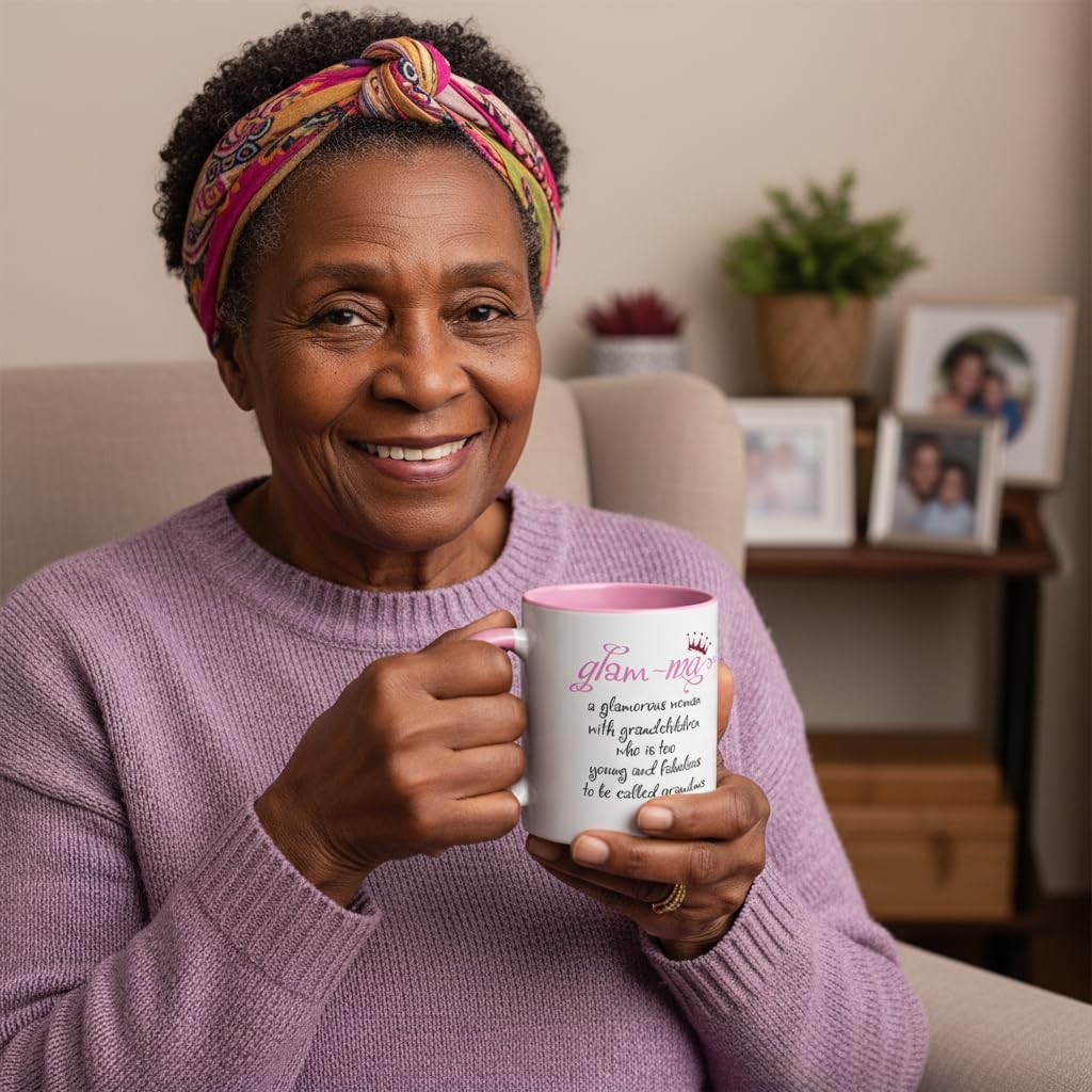 Funny Grandma Theme Ceramic Coffee Mug Glam-ma Definition Great Mother’s Day Gift Idea Grandparents Day Christmas Birthday Gift for First Time Grandmother Granny Tea Cup 11 oz White Pink - Image 5