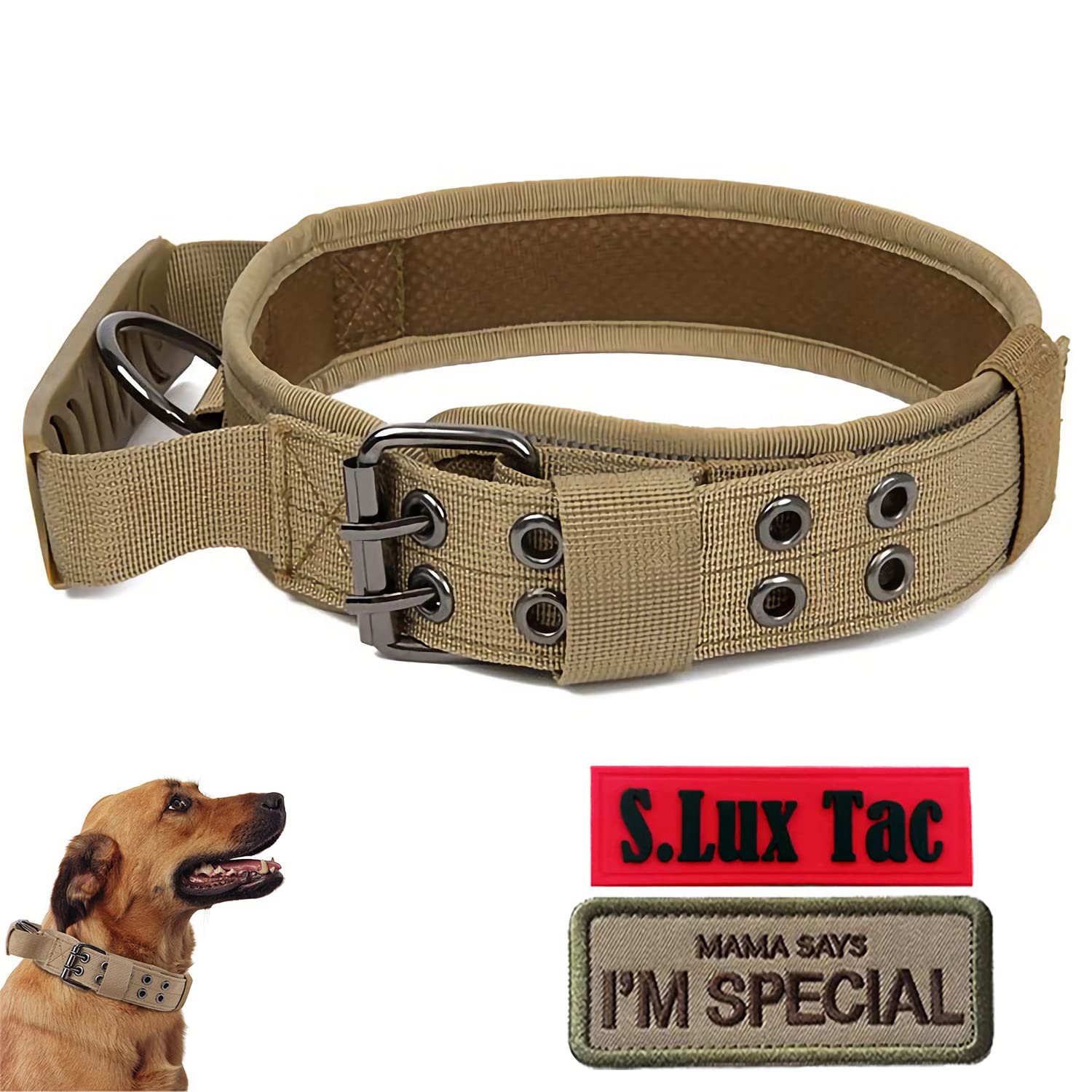 S.Lux Tactical Dog Collar, Military Dog Collar with Handle, Nylon Reflective Five Gears Adjustable Training Collar for Medium Large Dogs (Brown, XL)