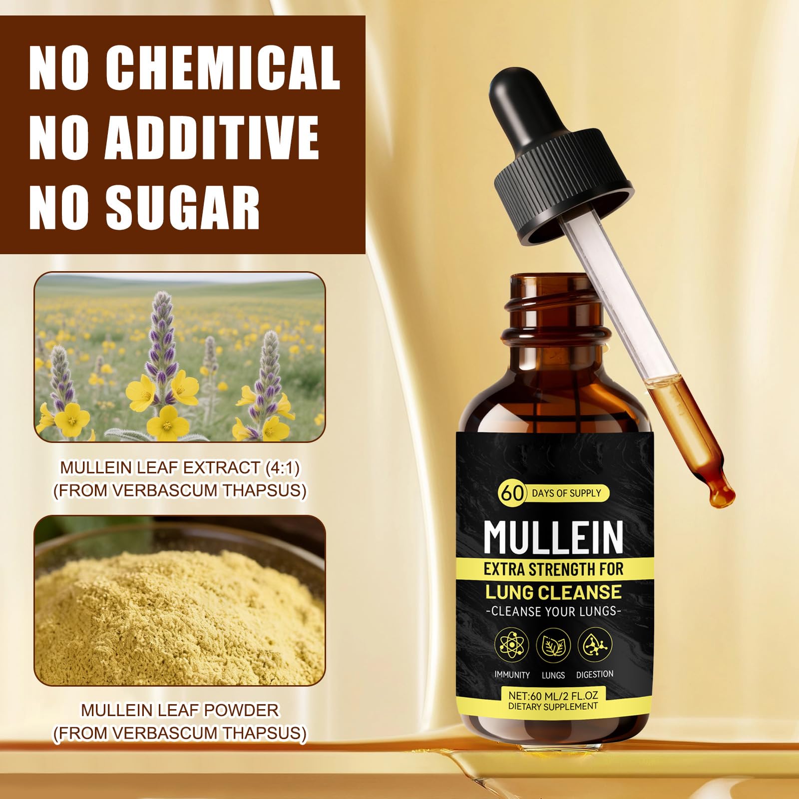 Mullein Tropfen Königskerze Extrakt, Lungenreinigungs Tropfen, Natürlich Mullein Leaf Extract Drops, zur Lungenreinigung, Schnelle Absorption für Männer und Frauen (60 ml)
