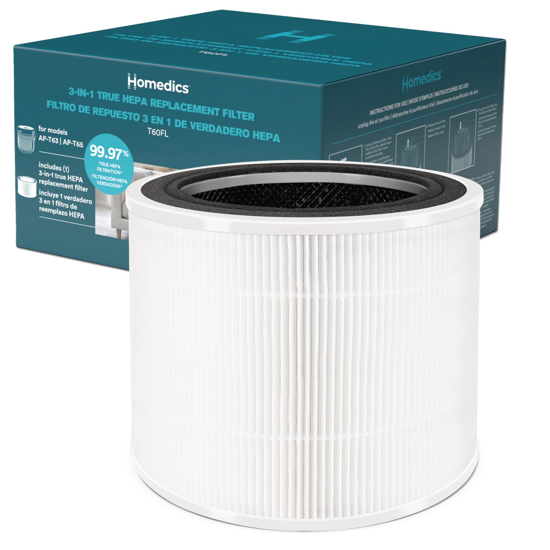 Filtre HEPA véritable Homedics pour remplacer un filtre encrassé et saturé