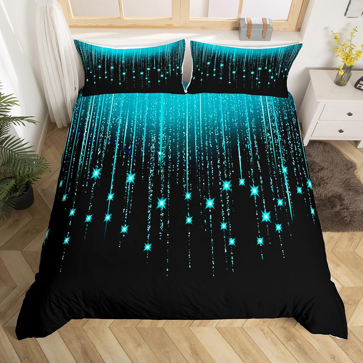 richhome Abstract Ombre Duvet Cover Set Teal Black Teens Bedding Set For Boys Girls Women Kids Modern Geometric Comforter Cover Glitter Galaxy Stars Decor Bedroom Collection 3Pcs Double Size