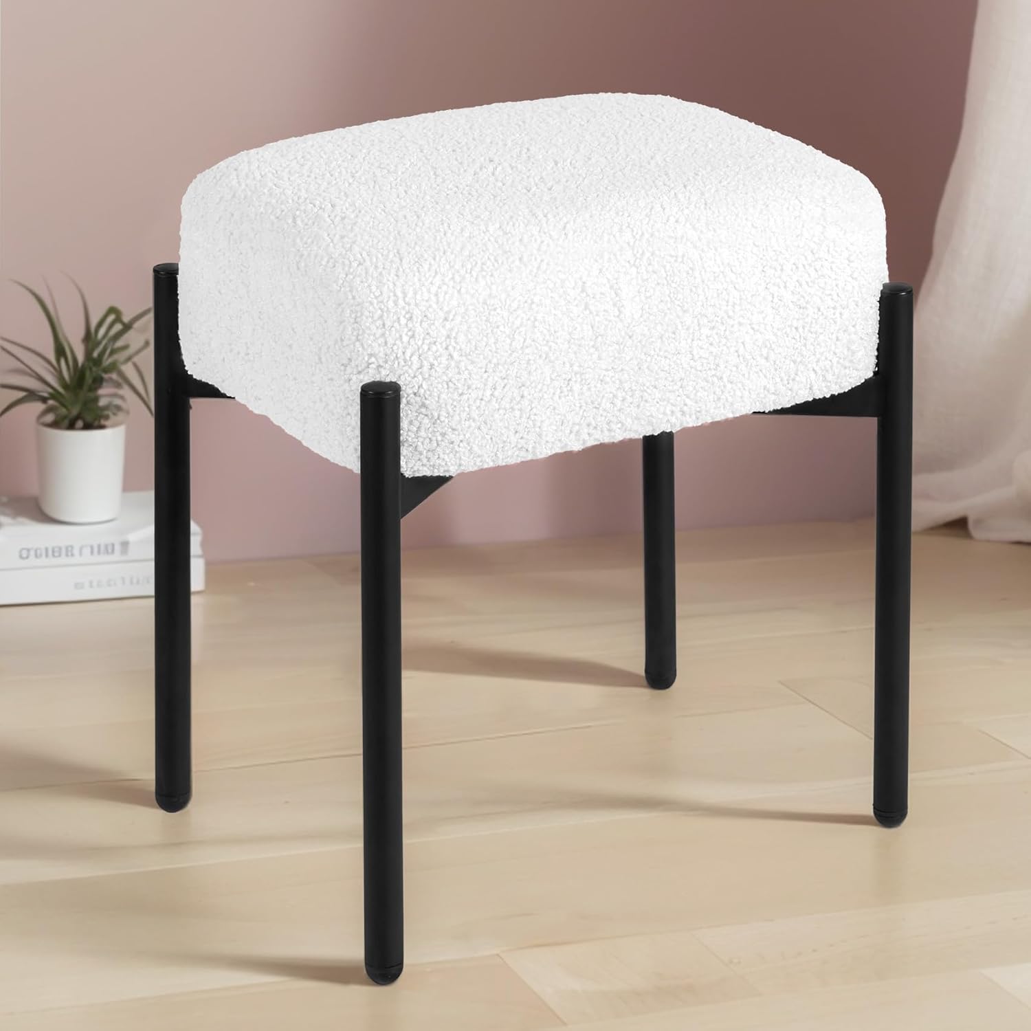 Vanity Stool Chair Faux Fur, 16.3" L x 12.8" W x 17.3" H Soft Ottoman, Makeup Chair Bench Furry Padded Seat with 4 Metal Legs, Footstool Multifunctional Chairs for Bedroom, Living Room, White