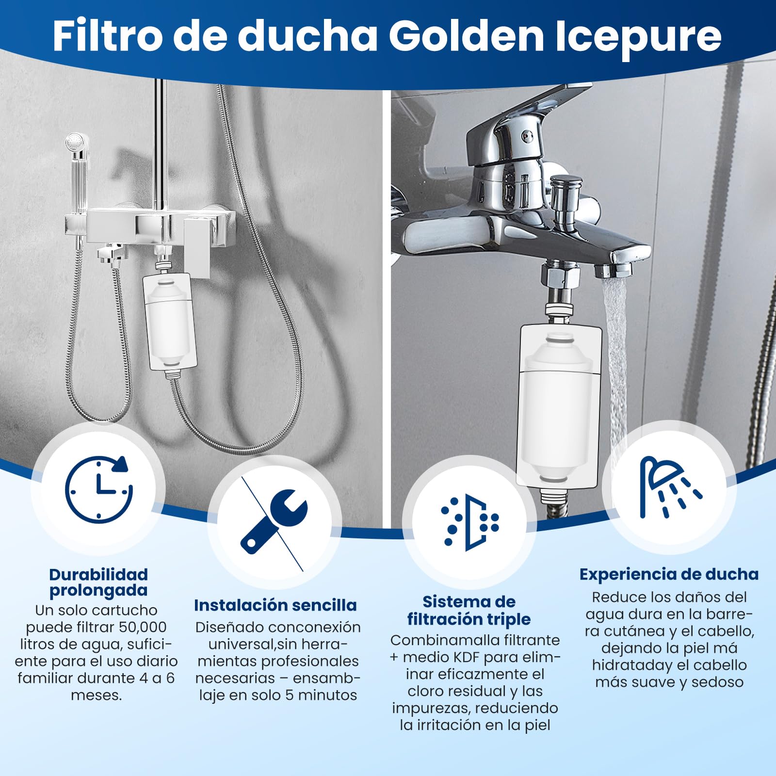 GOLDEN ICEPURE - Cartucho de filtro de ducha (2 unidades, acondicionador de agua de alta calidad compatible con los sistemas Philips AWP175 (AWP1775WH / AWP1775CH)