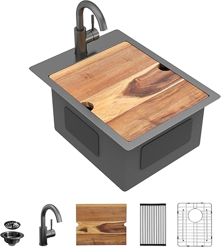 Vista 56 de Fregadero de estación de trabajo para exteriores de 21 x 20 pulgadas, fregadero de preparación de barra de acero inoxidable 304 calibre 16 con tapa