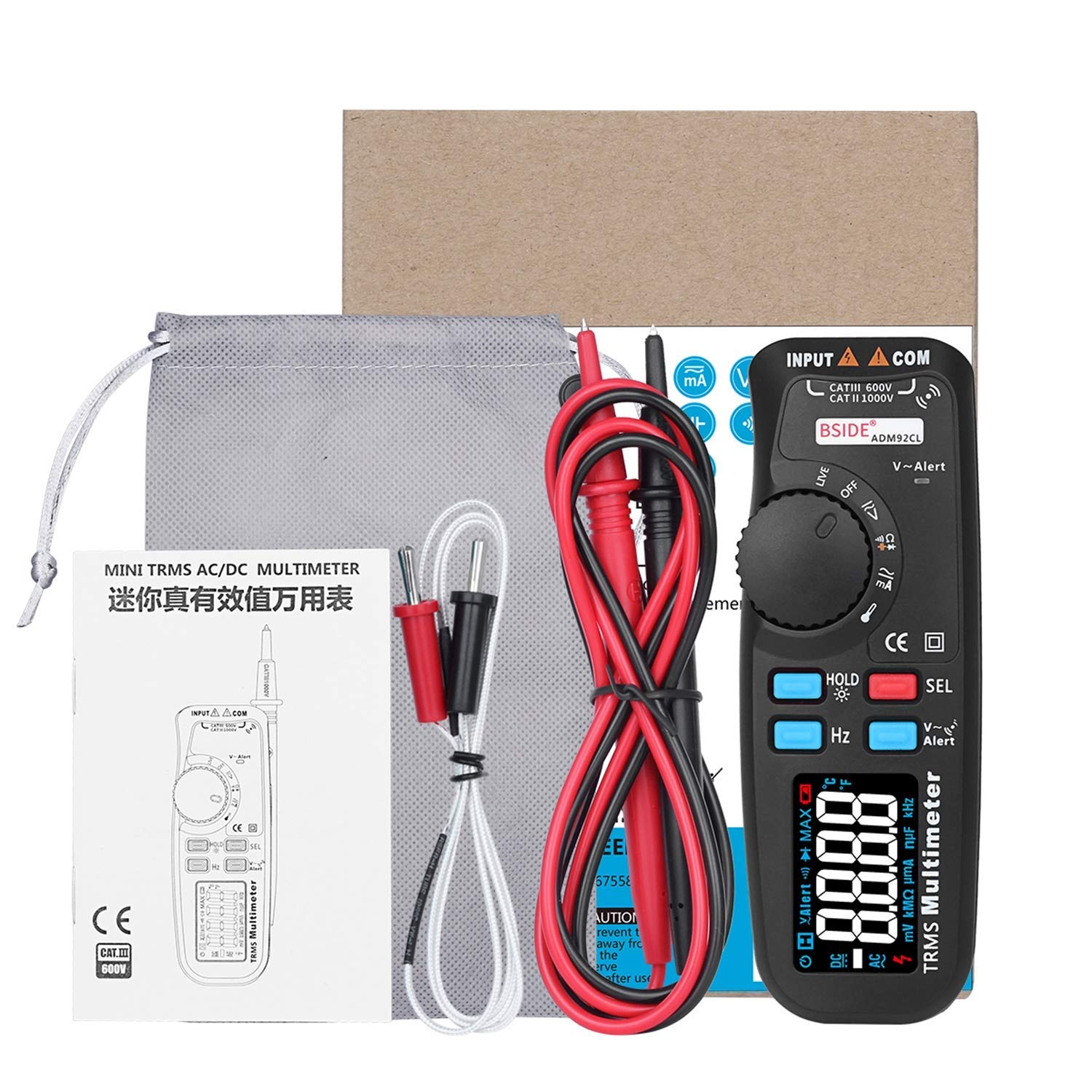Cyfrowy multimetr kolorowy wyświetlacz Auto Range 6000 TRMS Tester z przewodem na żywo Sprawdź Temp HZ HZ Ohm Diode Meter Adm92Cl, Dokładne odczyty