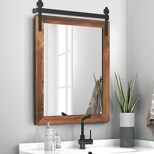 Miniatura 4 de YOSHOOT Espejo de puerta de granero de granja, 48 x 30 pulgadas, espejo de pared con marco de madera rústica, espejo vintage montado en la pared,
