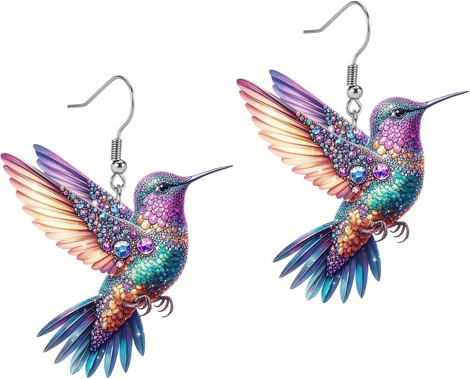 Hummingbird Earrings for Women, Sterling Silver Hypoallergenic Dangling Earrings, 2D Acrylic Blue Purple Colorful Cute Humming Bird Dangle Trendy Jewelry