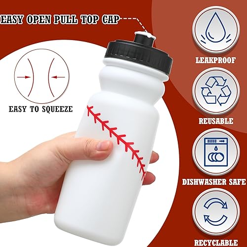 Miniatura 4 de Paquete de 20 botellas de agua de béisbol a granel para niños, botellas deportivas de 20 onzas con tapa superior de tiro, regalos de béisbol de