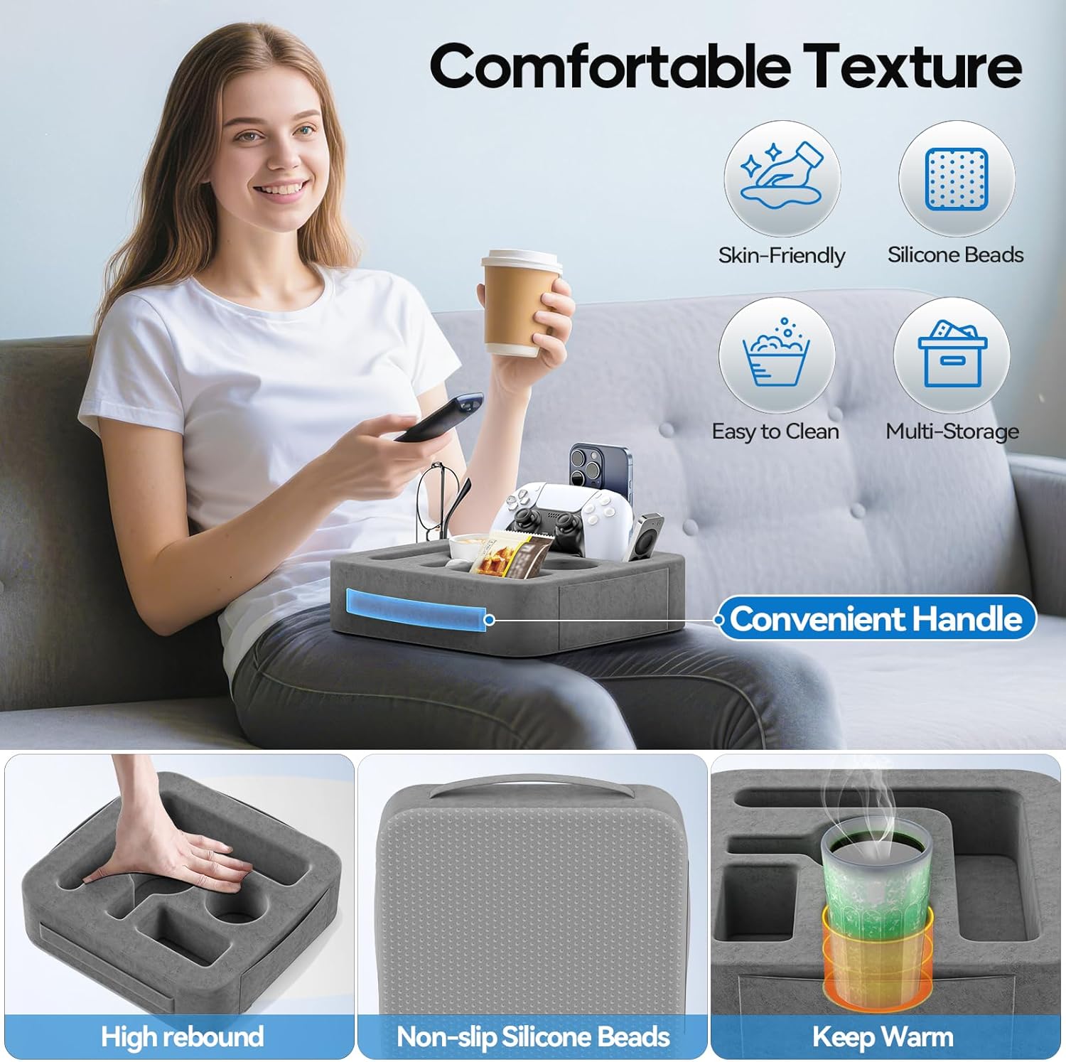 Couch Cup Holder Pillow, Sofa and Bed Caddy for iPad, Kindle, Switch, Game Controller, Remotes, Phones, Small-Sized Cup and Drink Holder for Couch, Bed, Desk, Car, Bathroom Cup Holder, Deep Gray