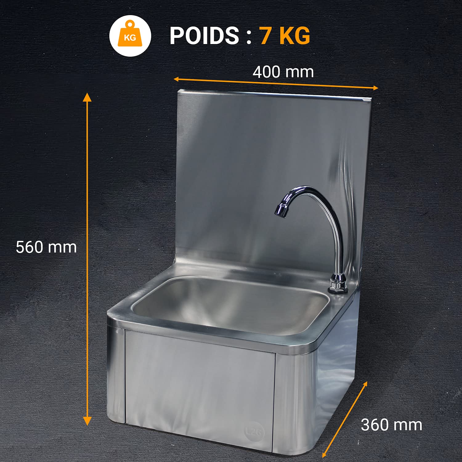 L2G - Lave-Mains Adossé à Commande Fémorale (Au Genou) - Petit Evier Inox avec Mitigeur Eau Chaude/Eau Froide - Montage Mural - 40 x 34 x 56 cm
