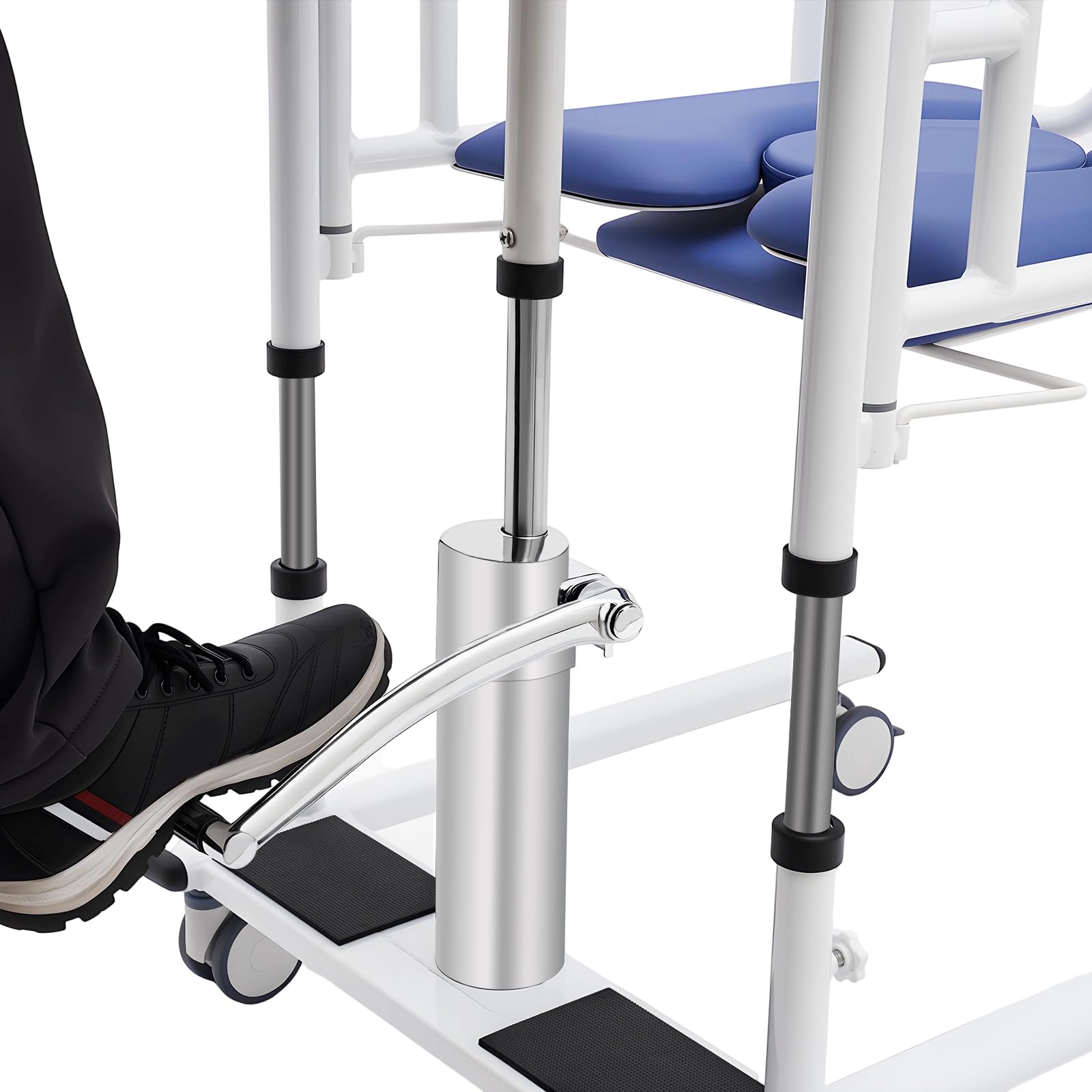 Sollevamento idraulico per pazienti a casa, sedia di trasferimento e sedia a rotelle con altezza regolabile 30 – 46 cm – Include tavolo e sedia per WC, fino a 150 kg, per anziani e cura (blu)