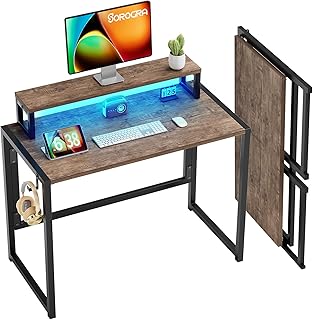 Small Folding Desk 31.5 Inch, Foldable Computer Desks with LED Lights an...