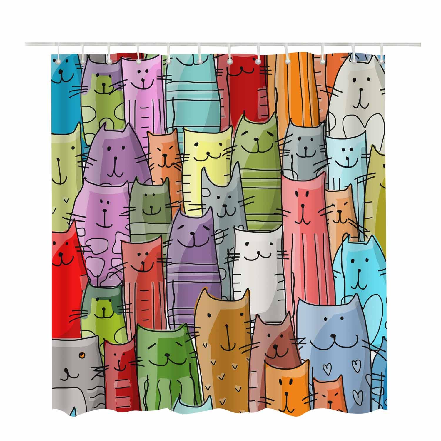 Woutay Shower Curtain Mould Proof Resistant Funny Cats Family,Water Repellant Fabric,Polyester,with 12 Plastic Hooks - Image 2