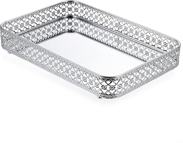 BSTKEY 30x20cm Vanity Mirror Tray Jewelry Trinket Tray, Decorative Tray for Cosmetic Makeup Dresser Bathroom Bedroom Countertop Organizer (Silver)