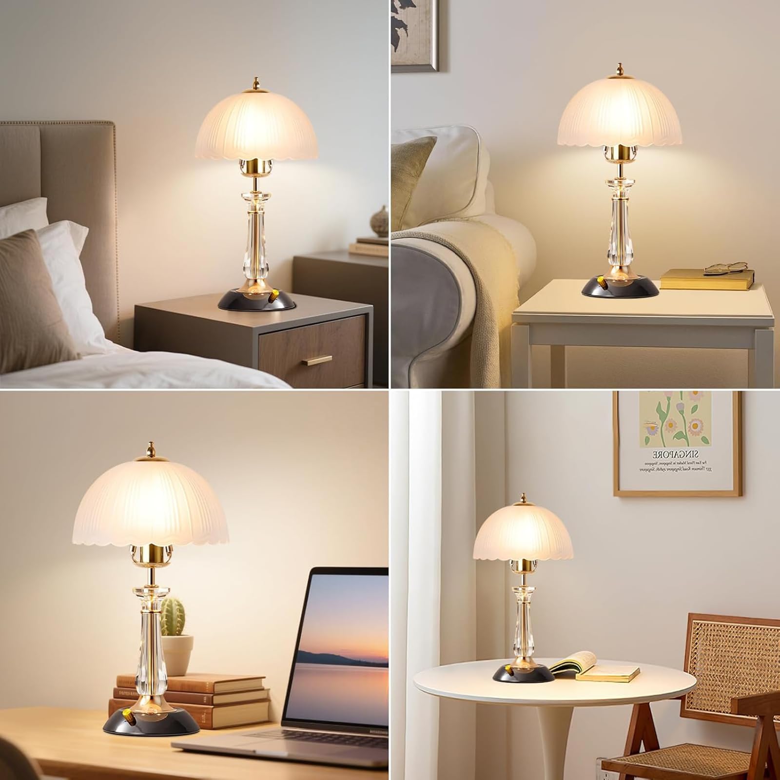 Lampa Stołowa LED, Lampa Biurkowa Do Sypialni Z Kloszem Z Białego, Matowego Szkła I Kryształową Kolumną, Ściemniana Lampka Nocna Z 3 Regulowanymi Trybami Oświetlenia, Do Biura Gabinetu Salonu