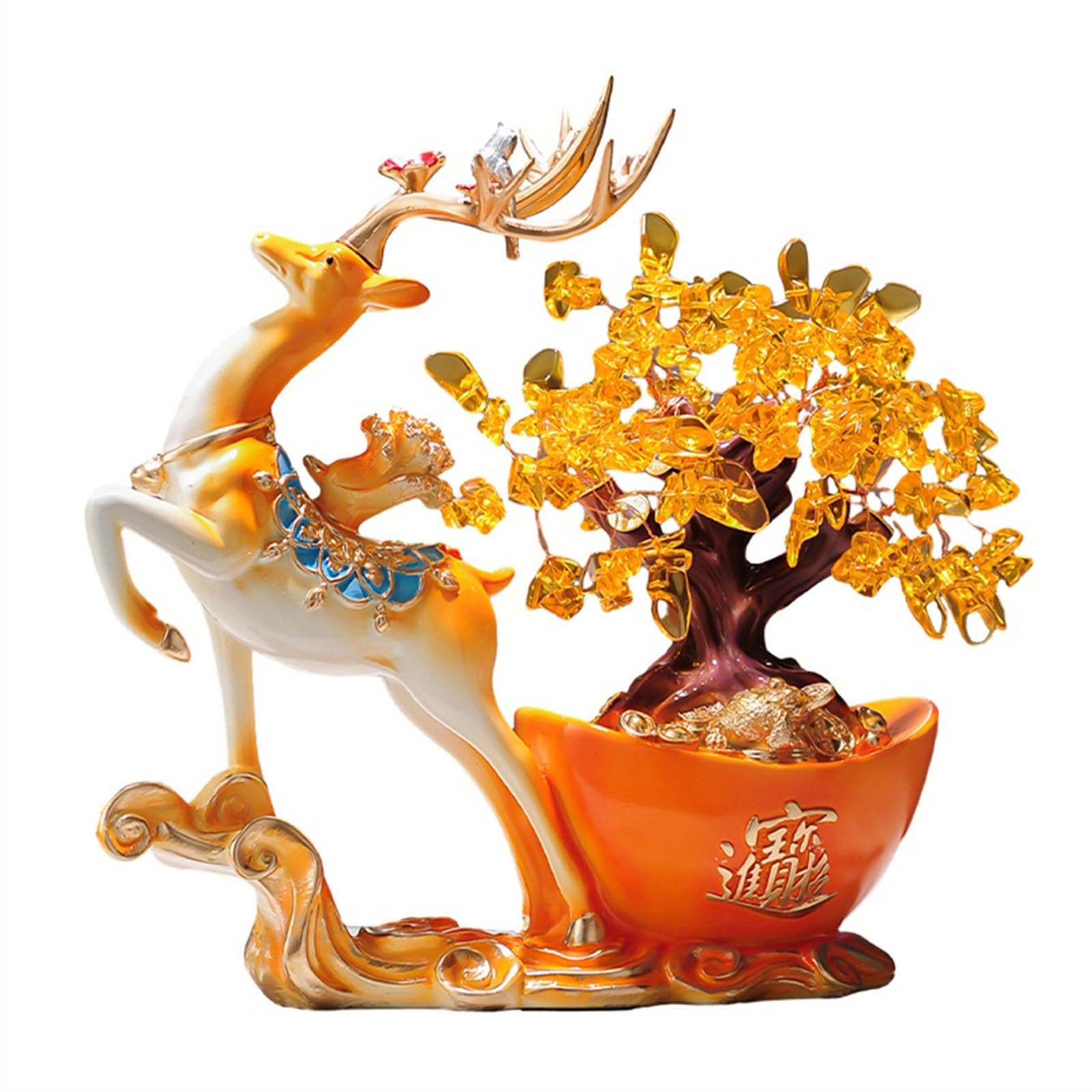 Money Tree Golden Citrine Crystal Money Tree with Deer Figurines - Lucky Home Décor Gift for Wealth and Positive Energy, Feng Shui of Life Sculpture, Desk Decor Crystal Tree(Orange)